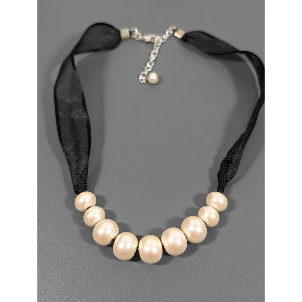 Retro Black Ribbon Choker Necklace Faux Pearl Charms 17‎ in